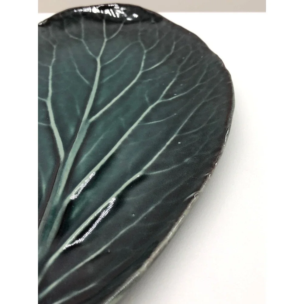 Dark Green Glazed Ceramic‎ Leaf Trinket Dish Botanical Decorative Platter 9 Inch
